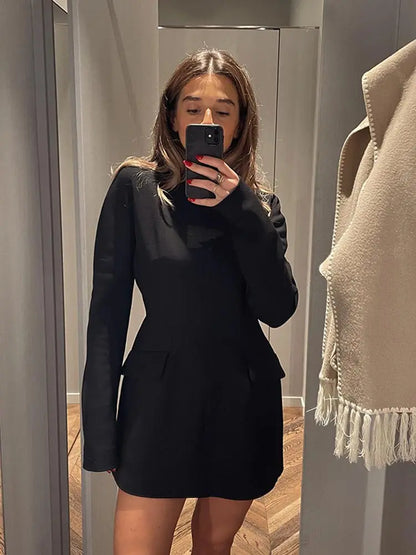 Territory Autumn Solid Double Pockets Mini Dress Women Fashion O Neck Long Sleeve Black Short Dresses Elegant Casual Lady Party Vestidos