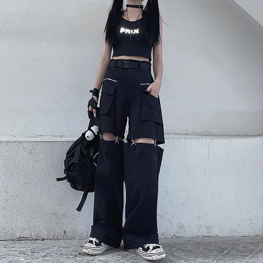 Territory Gothic Techwear Emo Black Cargo Pants Women Punk Oversize Hollow Out Wide Leg Pocket Trousers for Female Goth Hip Hop