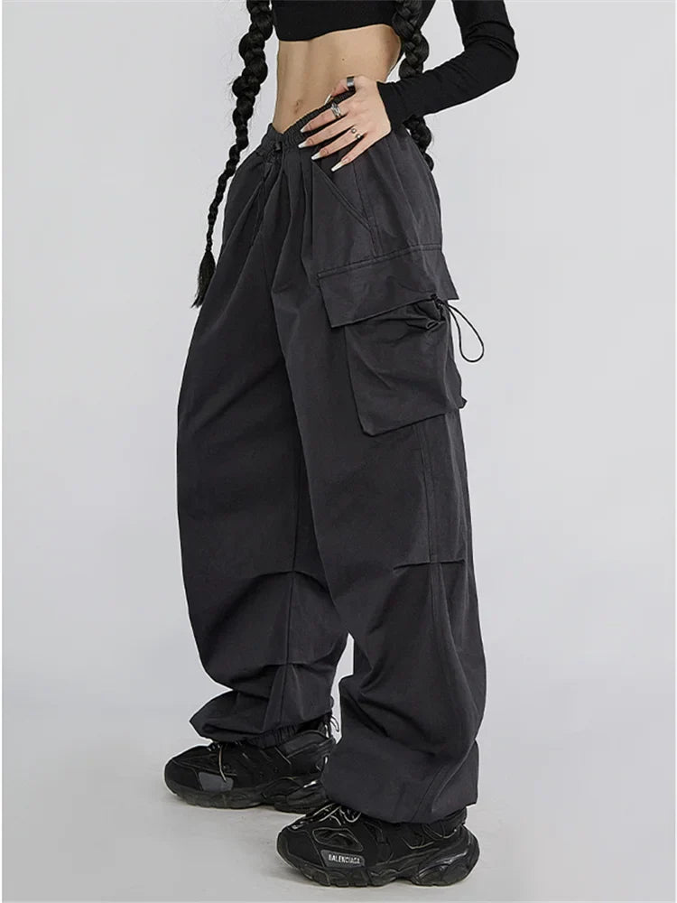 Territory Cyber Y2K Red Parachute Pants Women Kpop Streetwear Gray Cargo Trousers Oversized Egirl Punk Black Wide Leg Pantalones