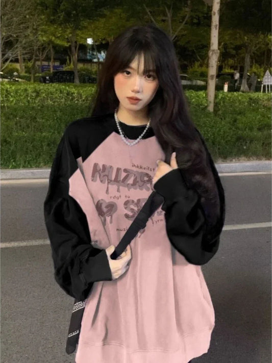 Territory Patchwork Contrast Color Letter Print O Neck Hoodies Vintage Fashion Casual Women Y2k Tops Harajuku Grunge Oversized Sweatshirts