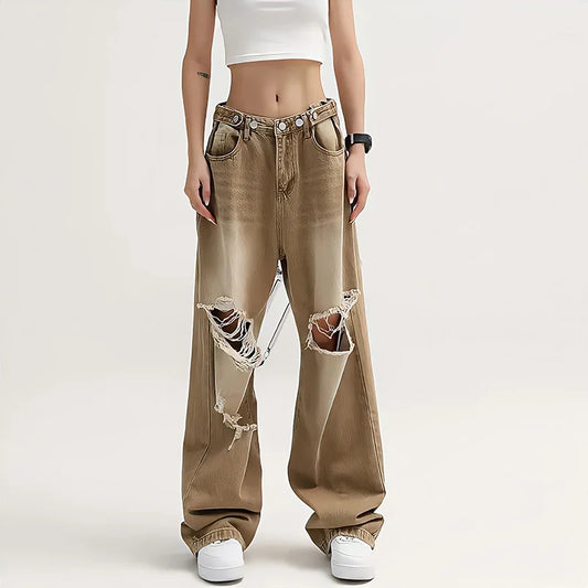 Territory Retro Y2k Baggy Pants Brown Ripped Jeans Women Streetwear High Waist Gradient Color Fashion Casual Mopping Trousers