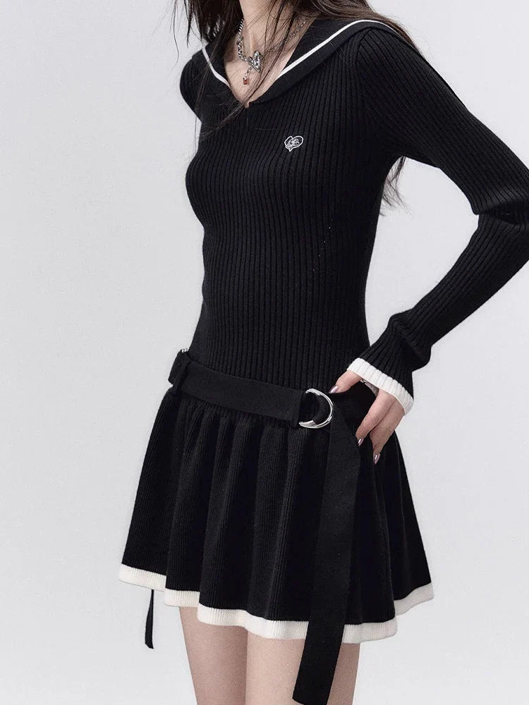 Territory Knitted Mini Dress Women Preppy Style Long Sleeve Dresses Vintage Fashion Sailor Collar Dress Ladies Autumn Chic Sweater Dress