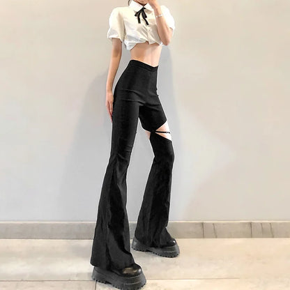 Territory Black Mysterious Y2K Sexy Slim Fit All-match Classic Commuter Street Travel Hollow Out Vibrant Women's Weave Trousers