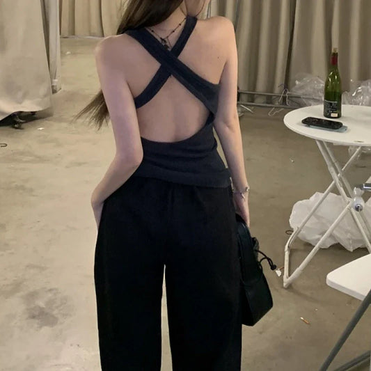 Territory 2024 Spring New High Street Sexy Backless Solid Color All Match Camisole Women + Loose Casual Wide Leg Pants Two-Piece Suit