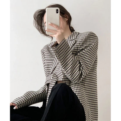 Territory Black Plaid Blazer Women Irregular Houndstooth Suit Jacket Streetwear Korean Ribbon Cropped Coat Office Lady Elegant Outwear New