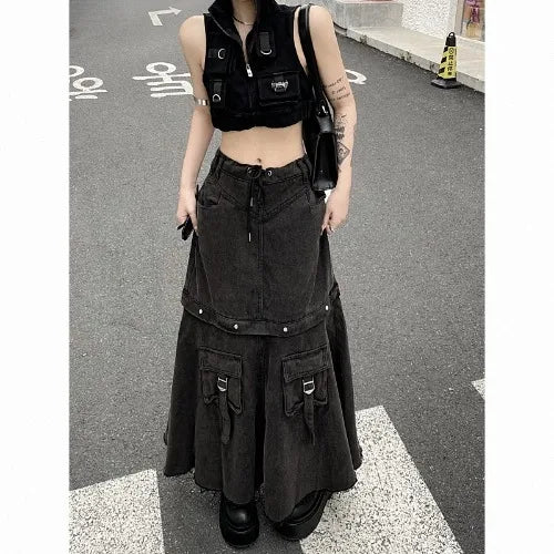 Territory American Style High Waist Skirt for Women 2024 Autumn Heavy Vintage Denim Skirts Y2k Grunge Mid-length Loose Faldas Mujer Jupe