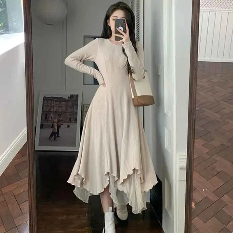 Territory Autumn Elegant Knit Midi Dress Women Korean Fashion Streetwear Mesh Patchwork Dress Harajuku Irregular O Neck Long Sleeve Dress