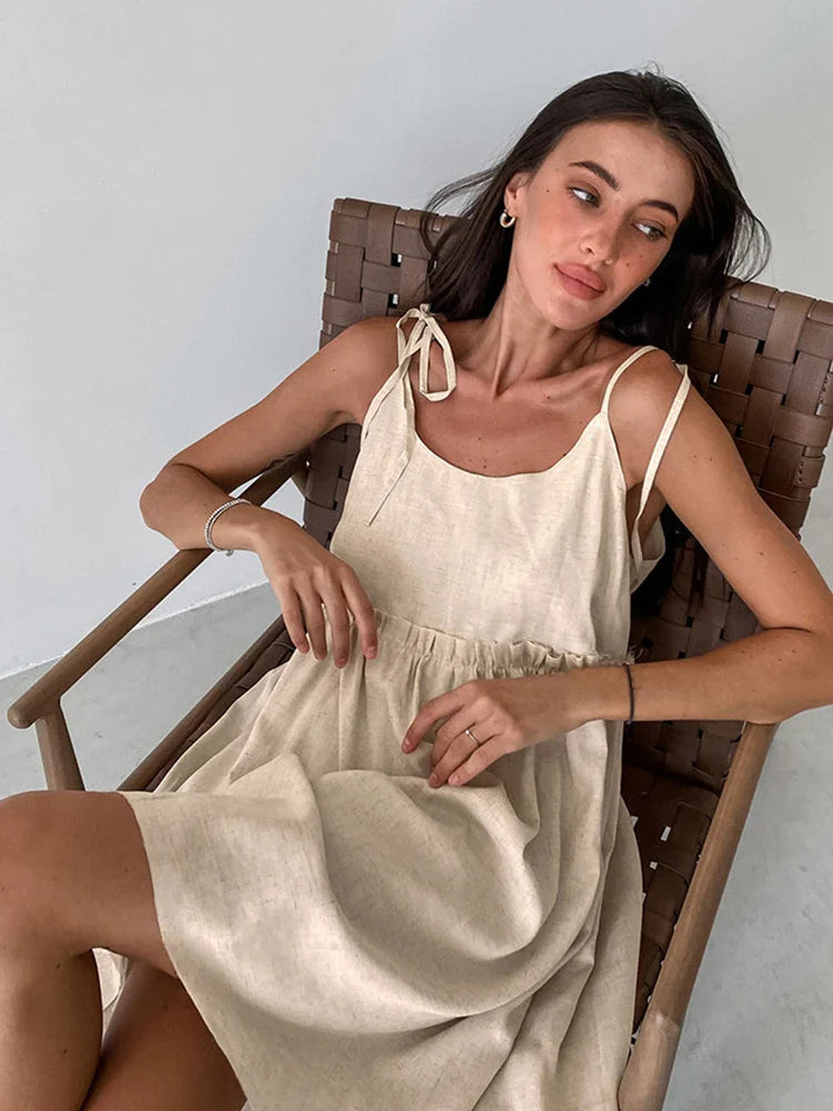 Territory Sexy Club Dress Summer Autumn Women Holiday Solid Khaki Spaghetti Flare Linen Mini Dress For Women