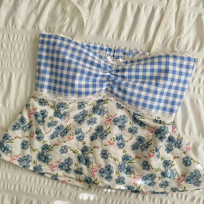 Territory Plaid Floral Print Milkmaid Tops 00s Retro Coquette Camis Fairycore Y2K Lace Trim Backless Tie Up Crop Tops Chic Cute Mini Vest