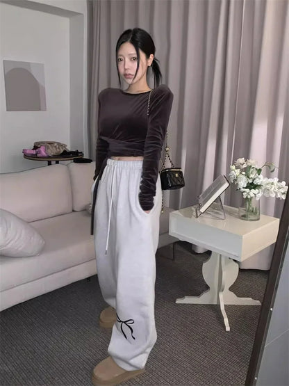 Territory Korean Fashion Fleece Sweatpants Women Y2K Bow Print Brushed Pants Oversized Winter Fairycore Wide Leg Joggers Pants