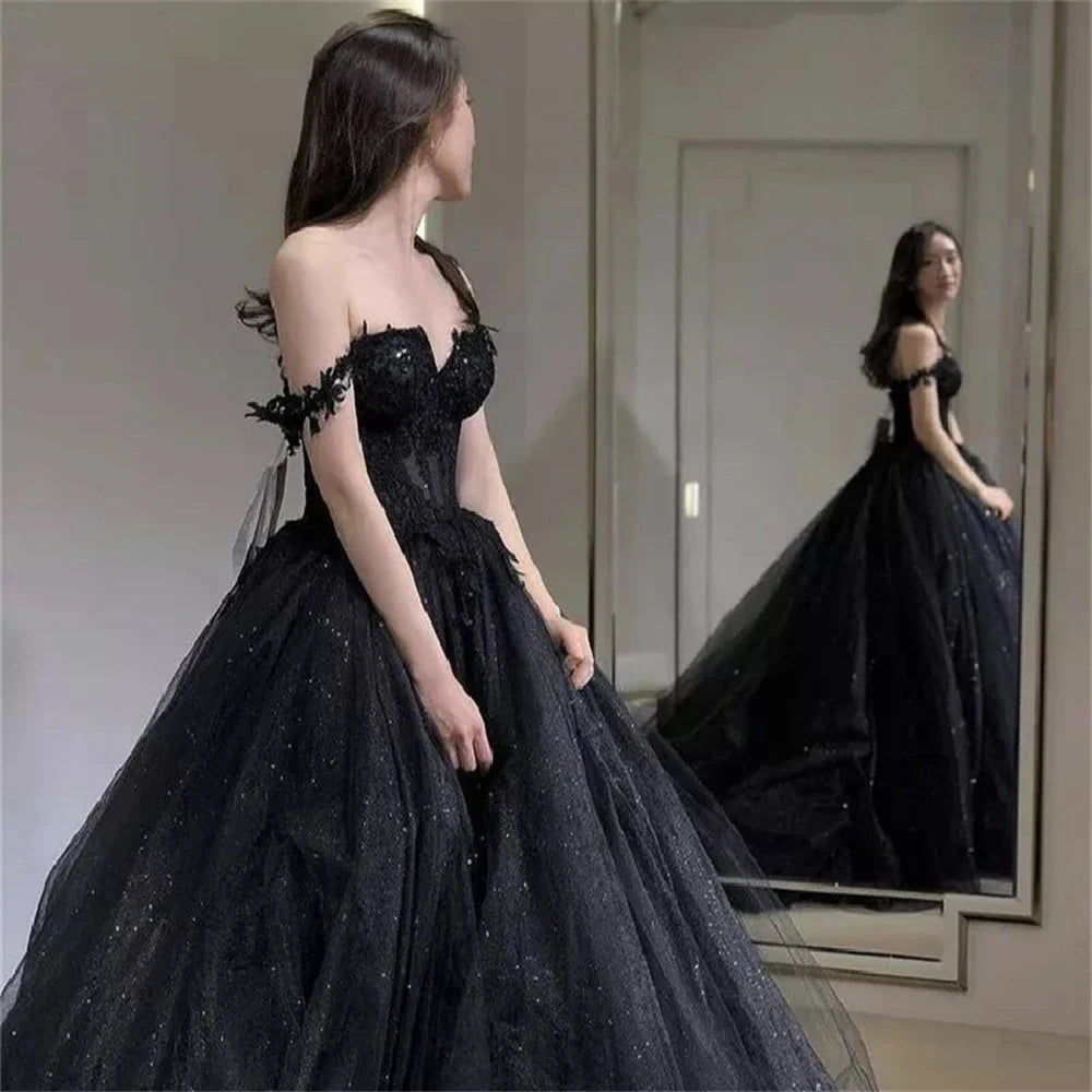 Territory Sexy Black Prom Dresses Sweetheart Off The Shoulder A-Line Tulle Lace Applique Backless Vestidos De Gala Evening Gowns For Women