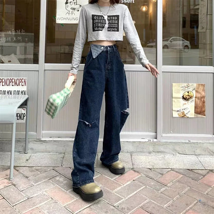 Territory Hot Girl  High Waist Baggy Jeans Woman Hole Vintage Streetwear Hip-hop Stylish Wide Leg Trouser Female Daily All-match Trendy