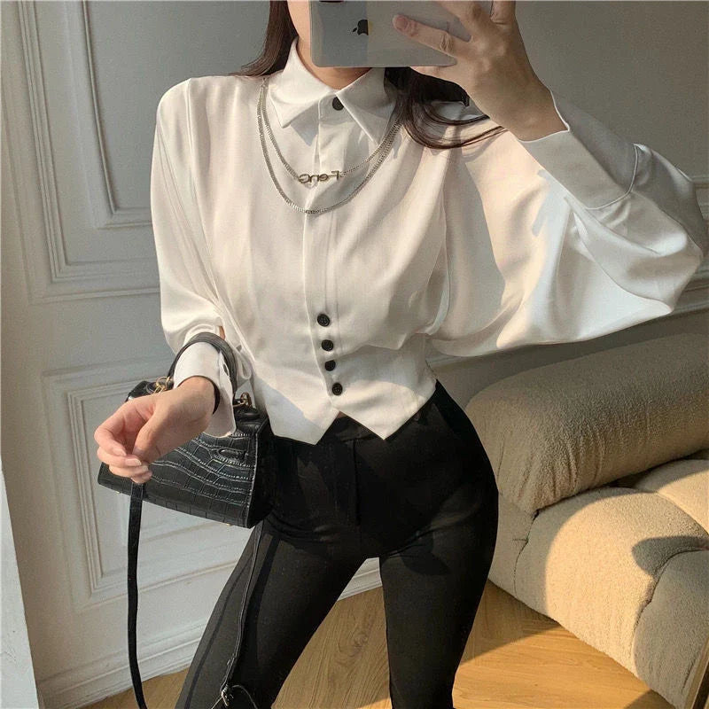 Territory Elegant Cropped White Shirts Women Korean Fashion Black Batwing Long Sleeve Blouses Office Ladies Basic Chic Tunic Tops