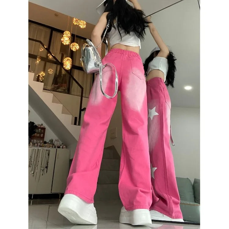 Territory American Vintage Star Print Street Denim Pants 2024 Autumn Sweet Pink Trousers Women Y2k Grunge High Waist Wide Leg