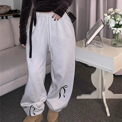 Territory Korean Fashion Fleece Sweatpants Women Y2K Bow Print Brushed Pants Oversized Winter Fairycore Wide Leg Joggers Pants