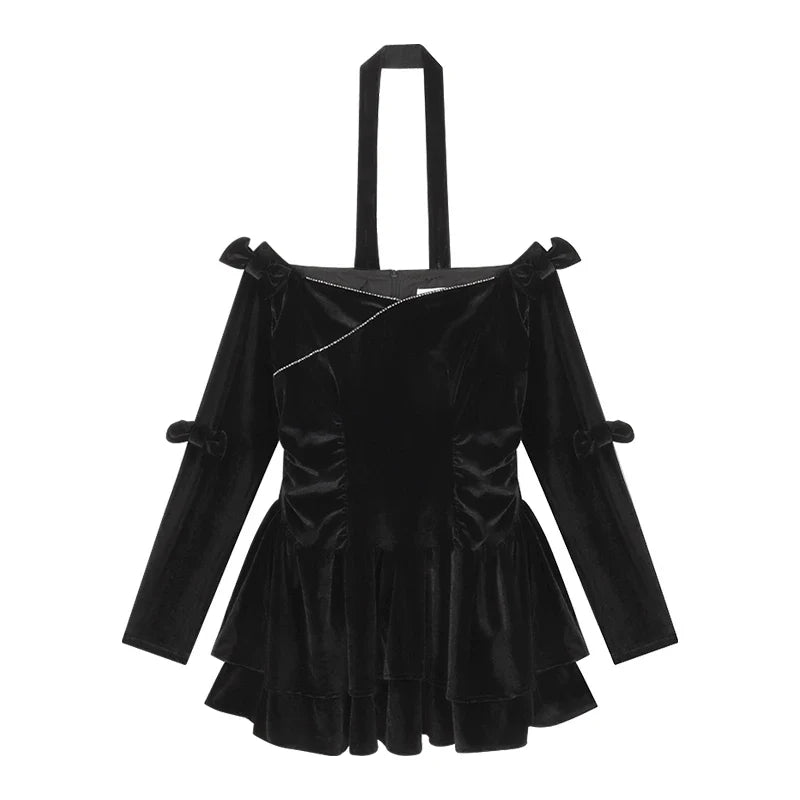 Territory Off-shoulder Sexy Slim Velvet Black Long-sleeved Dress Women 2024 Spring New Korean Fashion Bow Pleated Halter Party Dress