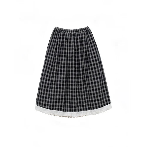 Territory Harajuku Plaid Long Skirts Women Japanese Vintage Lace Preppy High Waist A Line Midi Skirt Korean Fashion Casual Female Faldas