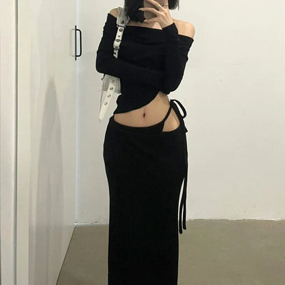 Territory 2024 Spring New Off-shoulder Pleated Sexy Slim Long-sleeved T-shirt Women + Asymmetric Lace-up Split Black Skirt Two-piece Suit