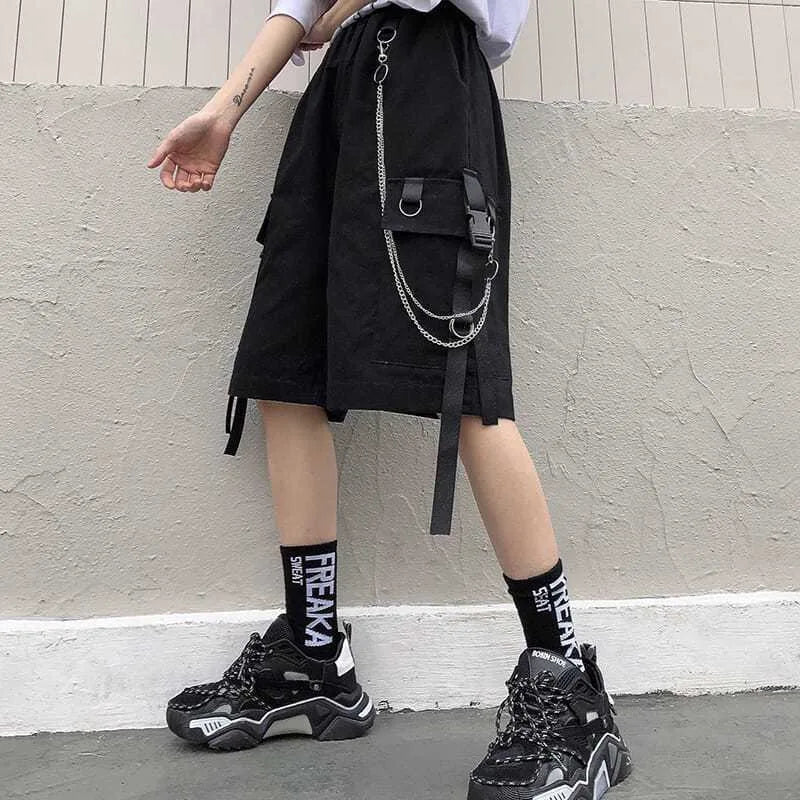 Territory Cargo Shorts Women Summer Beach  with Chain Black Hip Hop Streetwear Casual Female Sportswear Alt Pants Aesthetic