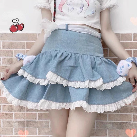 Territory Japanese Sweet Y2k Skirts Ruffles Lace Patchwork Bandage Design Denim Mini Skirt Summer Korean All Match Kawaii Girl Clothing