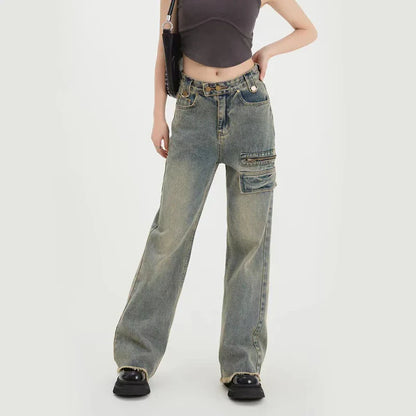 Territory High Waist Woman Wide Leg Jeans Y2K Hip Hop Streetwear Loose Straight Trousers Retro Korean Zipper All Match Denim Pants