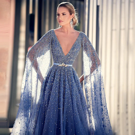 Territory Blue Cape Sleeves Sexy Deep V-neck Evening Dresses Customized Luxury A-Line Beaded Party Gowns For Women