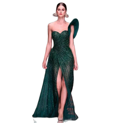 Territory Green Mermaid High Split Elegant One Shoulder Beaded Evening Dresses Gowns For Women Wedding