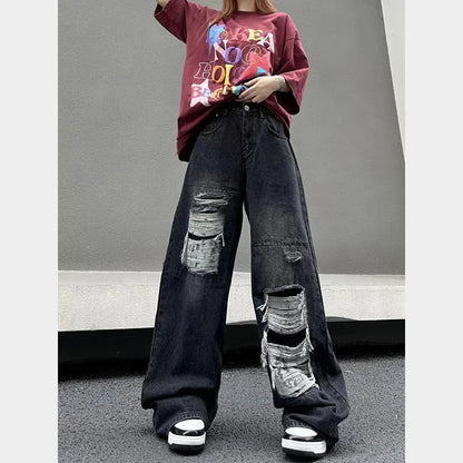 Territory Hole Women Jeans Y2K Autumn Fashion High Waist Hip Hop Loose Streetwear Wide Leg Trousers Korean Hip Hop Straight Denim Pants