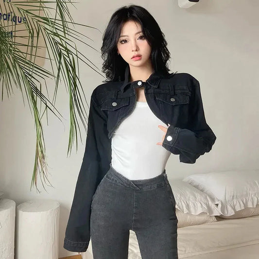 Territory Cropped Denim Jackets Women Y2K Slim Jeans Short Outwear Bf Streetwear Harajuku Vintage Korean Single Button Casual Coats