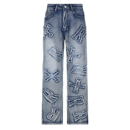 Territory Patchwork Women's Jeans Y2K Streetwear Baggy Straight Cargo Pants Punk High Waist Wide Leg Denim Trousers 90s Vintage