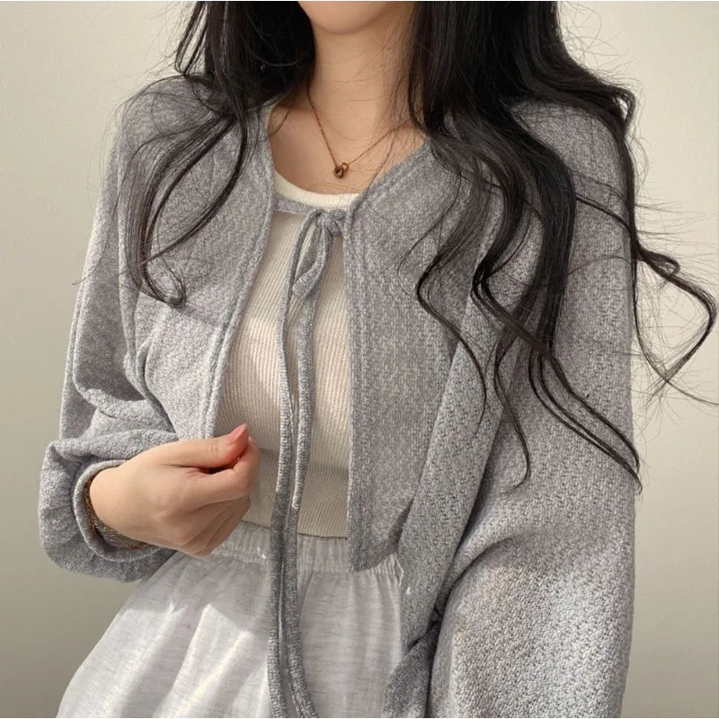 Territory Lace Up White Cardigan V Neck Knitwear Lantern Sleeve Women's Sweater Korean Fashion Spring Knit Oversize Wear To Work