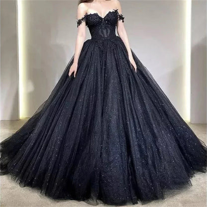 Territory Sexy Black Prom Dresses Sweetheart Off The Shoulder A-Line Tulle Lace Applique Backless Vestidos De Gala Evening Gowns For Women