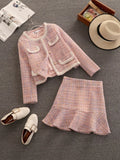 Territory High Quality Fall Winter Plaid Tweed Skirt Two Piece Set Women Woolen Short Jacket Coat + Mermaid Skirt Suits Sweet 2 Piece Set