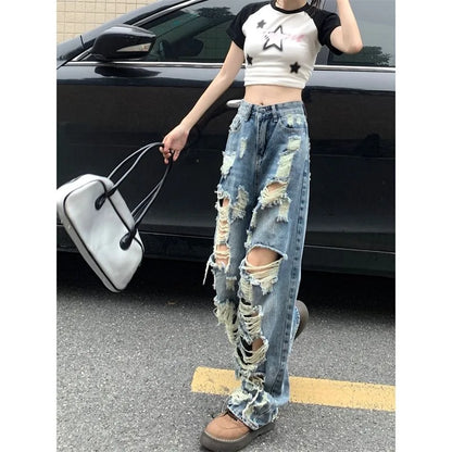 Territory Fashionable Women's Ripped Jeans, High Waist Slimming Wide Leg Denim Pants Female Casual Straight Shredded Jeans for Women 4XL