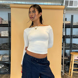 Territory Autumn White Solid Color Basic Tops  Front And Back Two Way Wear T Shirt Long Sleeve Slim Fit Puloover Thin Crop Top