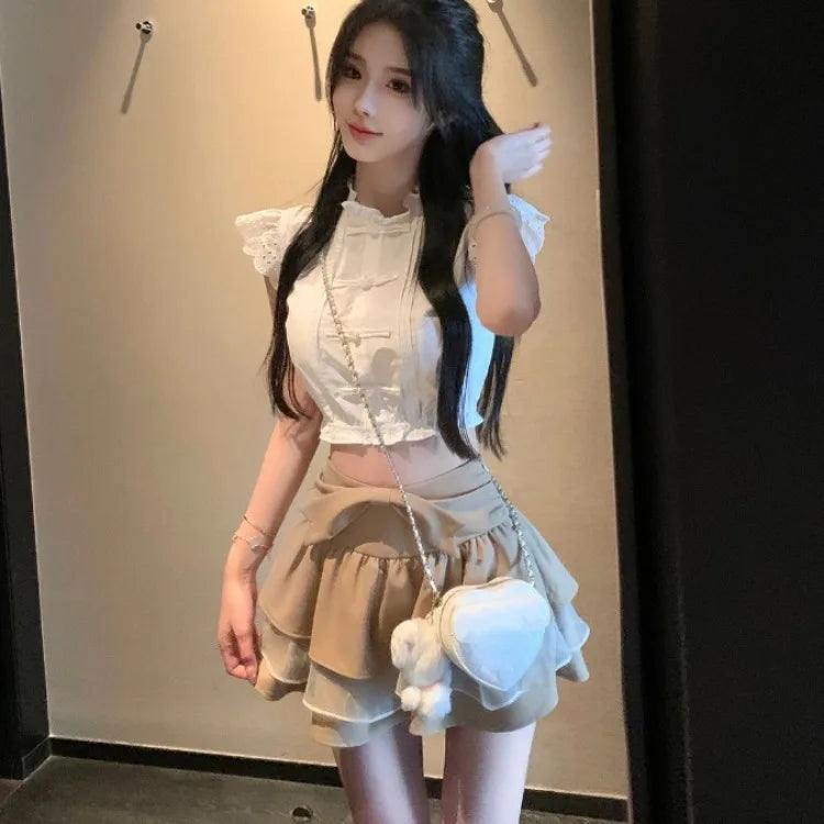 Territory New Chinese Style Button Flying Sleeve Shirt for Women+ Y2k E-Girl High Waist Bow Ruched Skirts 2024 Sping  Two Piece Sets