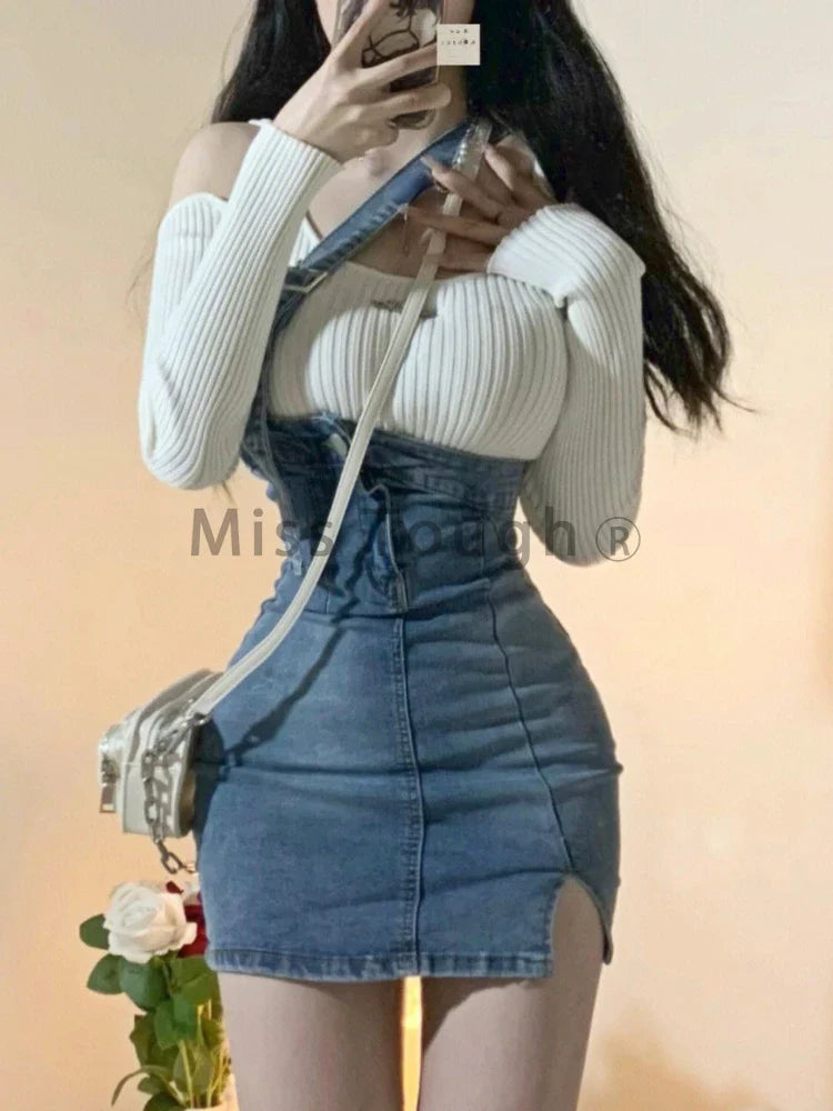 Territory Blue Vintage Knitted Two Piece Set Women Sexy Denim Party Mini Skirt Set Female Split Casual Fashion Skirt Suit Autumn New