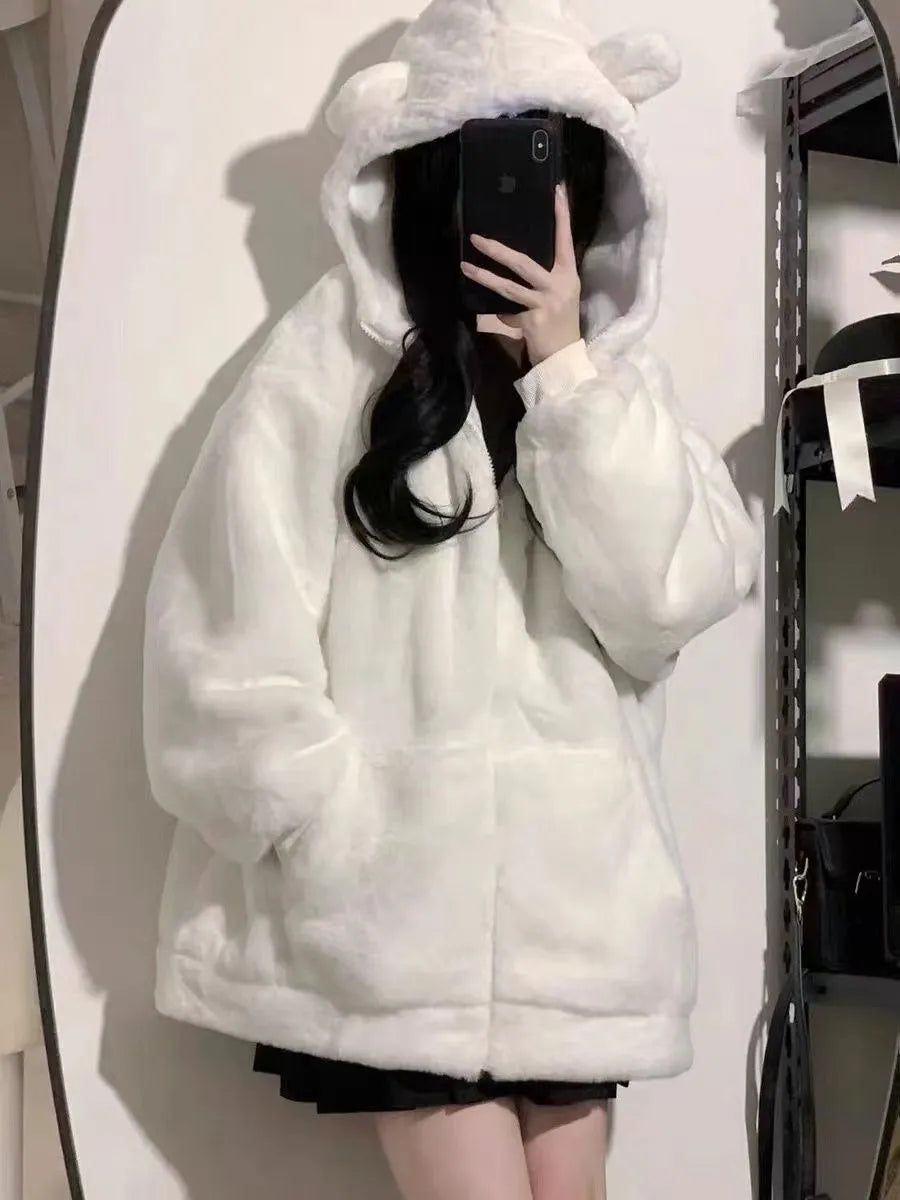 Territory  Women Zip Hoodie Thicken Fuzzy Fleece Sweatshirts Harajuku Bear Ear Oversize White Coats Cute Soft Winter Outerwear New