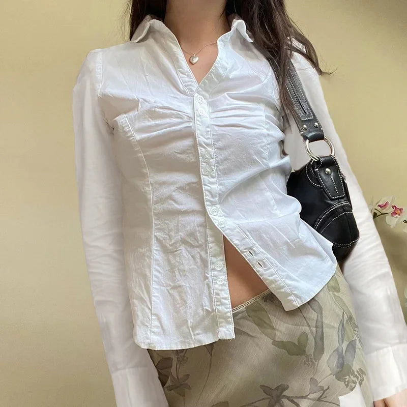 Territory Elegant Fashion Solid Folds Blouse Casual Slim Turn-Down Collar Long Sleeve Shirts Women 2024 Autumn Spring Office Lady