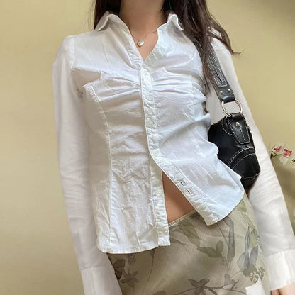 Territory Elegant Fashion Solid Folds Blouse Casual Slim Turn-Down Collar Long Sleeve Shirts Women 2024 Autumn Spring Office Lady