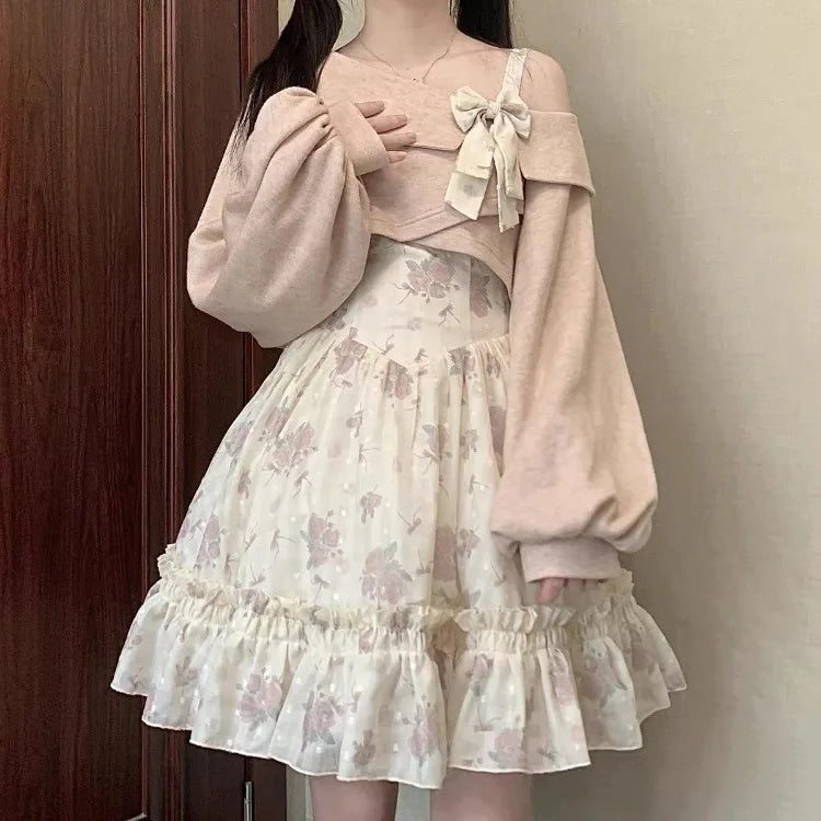 Territory Oversize Harajuku Rose Print Strap Dresses+ Sweet Pink Off Shoulder Bow Long Sleeve Tops Women 2024 Spring New Two Piece Sets