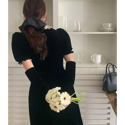 Territory Korean Retro Velvet Elegant Puff Sleeve Dress Women 2024 Spring New O-neck Contrast Color Patchwork A-line Dress with Sleeves