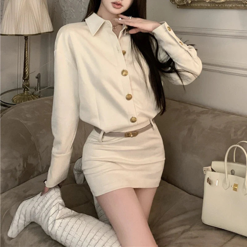 Territory Polo Collar Multi-button Loose Casual Long-sleeved Dress Women 2024 Spring New Korean Solid Color All Match Mini Dress with Belt