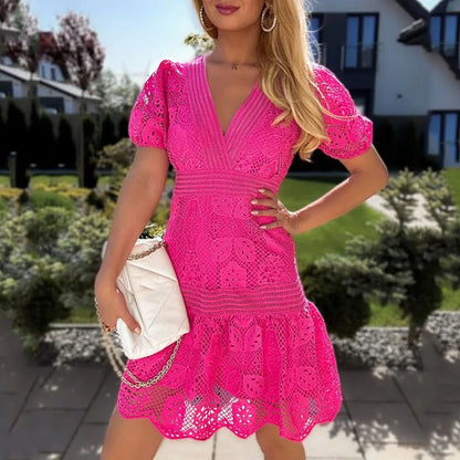 Territory Elegant Puff Sleeve O Neck Button Mini Dress Women Fashion White Lace Patchwork Holiday Dress Office Lady Causal Short Dresses