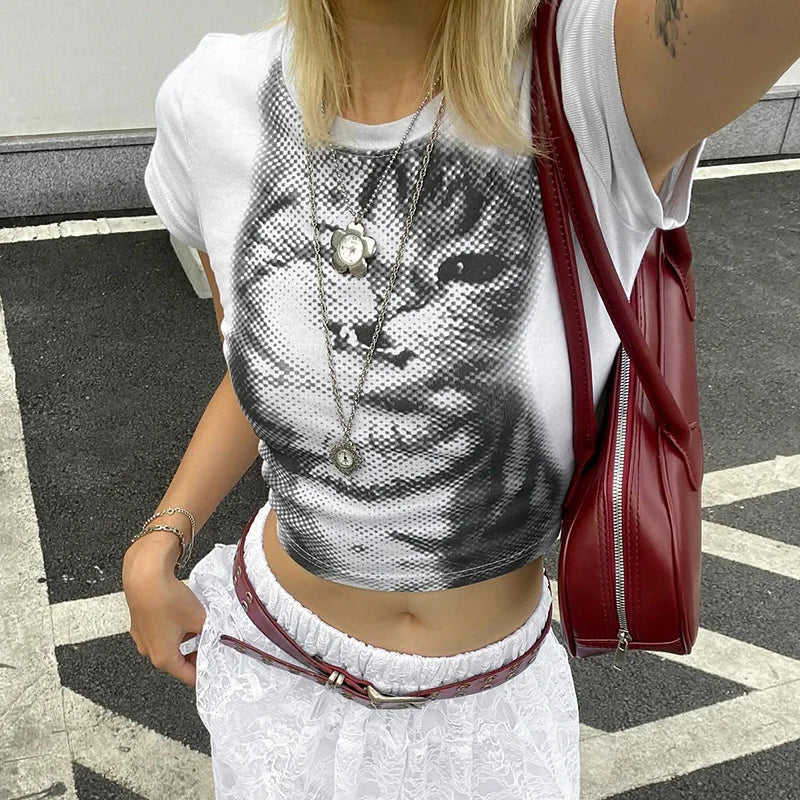 Territory Graphic Tees 2000s Clothes Y2k Streetwear Trendy Short Sleeve Crop Tops White T Shirts for Woman 2024 Summer