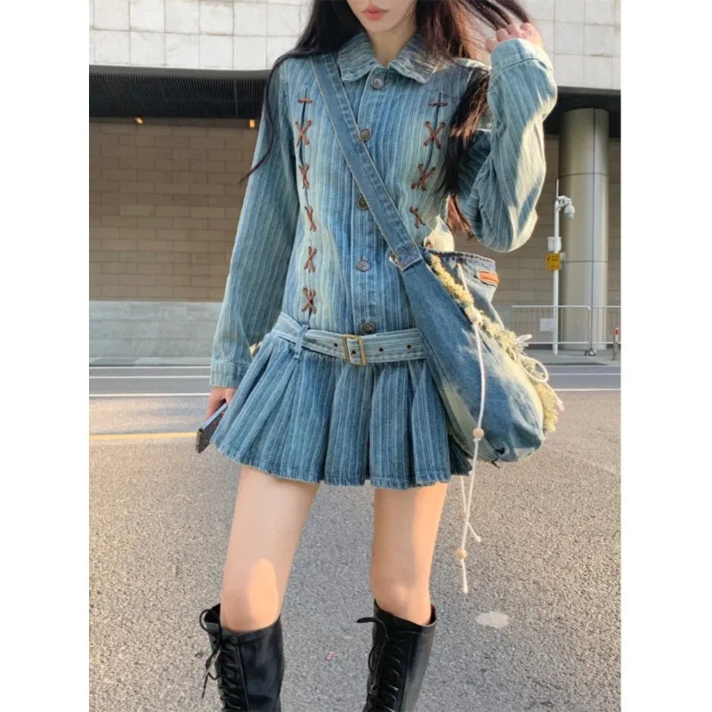 Territory Korean Retro Lace-up Pleated Casual Long-sleeved Dress Women 2024 Spring New Polo Collar Loose Distressed Denim Dress with Belt