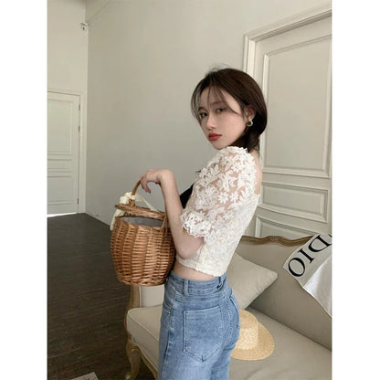 Territory Elegant Slash Neck Shirts Women Summer Lace Patchwork Crop Tops Sweet Korean Square Collar Puff Short Sleeve Slim Blouses