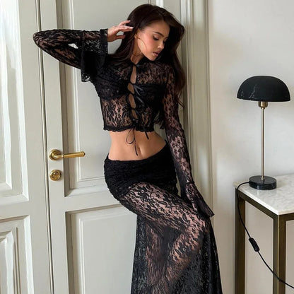 Territory Lace Sexy See Through Long Skirt Suits For Women Bow Full Sleeve Crop Top And Elegant Splice Skirt Beach Party Outfits