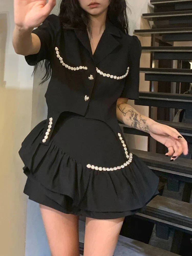 Territory Black Sexy Vintage Two Piece Set Women Korean Fashion Elegant Party Mini Skirt Set Female Button Casual Retro Skirt Suit