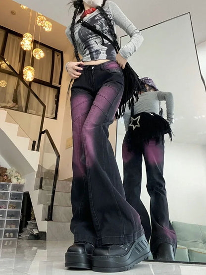 Territory American Style Black Purple Denim Pants Y2k E-Girl Vintage High Waist  Flare  Autumn New Tie Dye Straight Trousers